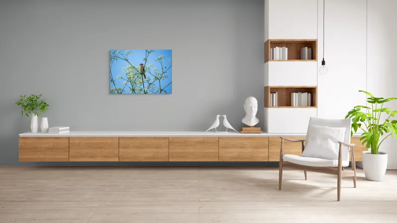 Tablou Canvas, "Pasăre printre flori albe și cer senin", Pasăre, Subțire, Ramuri, Înflorite, Cer, Albastru, Delicat, Primăvară, Natură, Liniște, 100 x 70 cm – poza 6