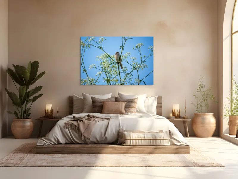 Tablou Canvas, "Pasăre printre flori albe și cer senin", Pasăre, Subțire, Ramuri, Înflorite, Cer, Albastru, Delicat, Primăvară, Natură, Liniște, 150 x 100 cm – poza 4