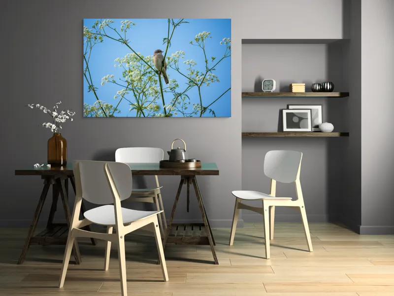 Tablou Canvas, "Pasăre printre flori albe și cer senin", Pasăre, Subțire, Ramuri, Înflorite, Cer, Albastru, Delicat, Primăvară, Natură, Liniște, 150 x 100 cm – poza 5