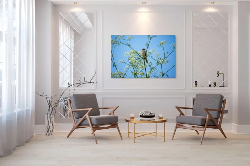 Tablou Canvas, "Pasăre printre flori albe și cer senin", Pasăre, Subțire, Ramuri, Înflorite, Cer, Albastru, Delicat, Primăvară, Natură, Liniște, 150 x 100 cm – poza 7