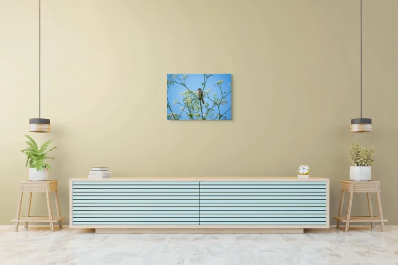 Tablou Canvas, "Pasăre printre flori albe și cer senin", Pasăre, Subțire, Ramuri, Înflorite, Cer, Albastru, Delicat, Primăvară, Natură, Liniște, 70 x 50 cm – poza 7