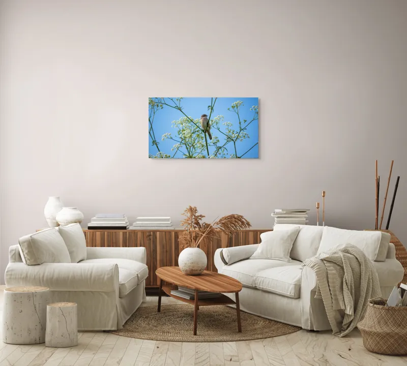 Tablou Canvas, "Pasăre printre flori albe și cer senin", Pasăre, Subțire, Ramuri, Înflorite, Cer, Albastru, Delicat, Primăvară, Natură, Liniște, 90 x 50 cm – poza 4