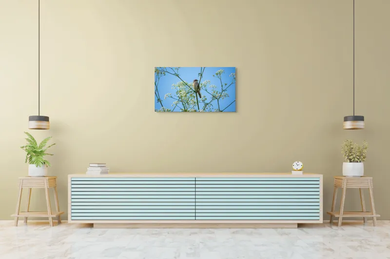 Tablou Canvas, "Pasăre printre flori albe și cer senin", Pasăre, Subțire, Ramuri, Înflorite, Cer, Albastru, Delicat, Primăvară, Natură, Liniște, 90 x 50 cm – poza 5