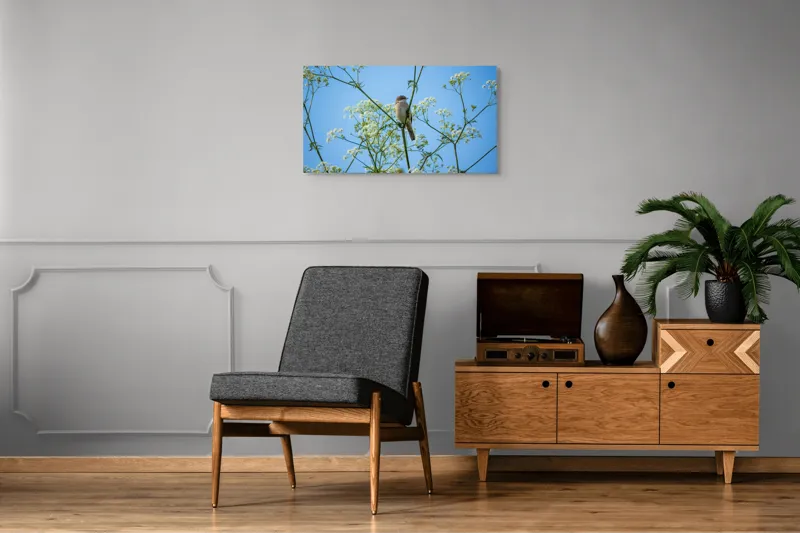 Tablou Canvas, "Pasăre printre flori albe și cer senin", Pasăre, Subțire, Ramuri, Înflorite, Cer, Albastru, Delicat, Primăvară, Natură, Liniște, 90 x 50 cm – poza 6