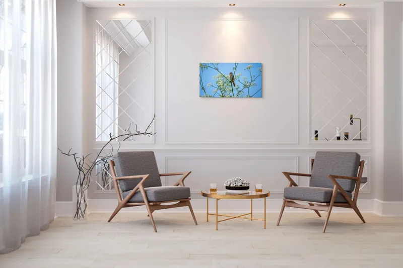 Tablou Canvas, "Pasăre printre flori albe și cer senin", Pasăre, Subțire, Ramuri, Înflorite, Cer, Albastru, Delicat, Primăvară, Natură, Liniște, 90 x 50 cm – poza 7