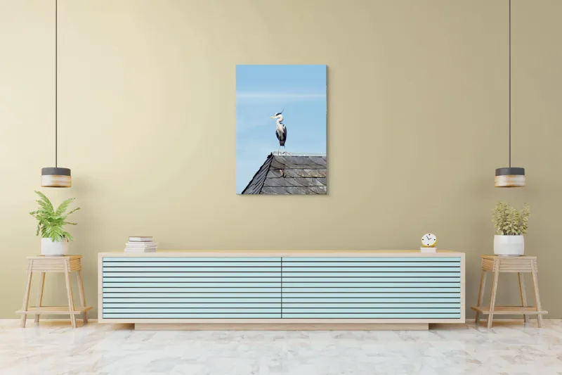 Tablou Canvas, "Egreta pe acoperiș sub cer senin", Pasăre, Acoperiș, Cer, Penaj, Cioc, Eleganță, Contemplare, Vedere, Natură, Libertate, 70 x 100 cm – poza 5