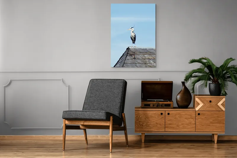 Tablou Canvas, "Egreta pe acoperiș sub cer senin", Pasăre, Acoperiș, Cer, Penaj, Cioc, Eleganță, Contemplare, Vedere, Natură, Libertate, 70 x 100 cm – poza 6