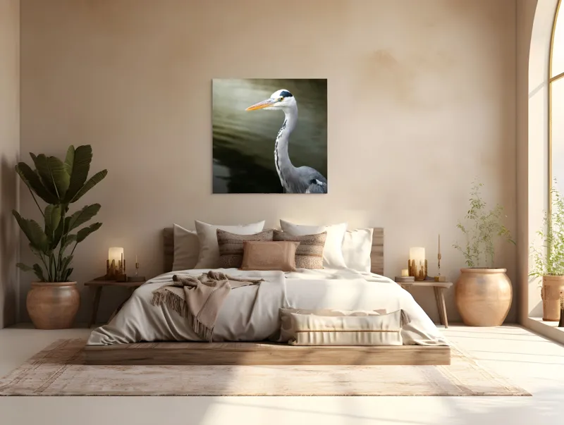 Tablou Canvas, "Egreta privind spre zare liniștită", Pasăre, Grațioasă, Plisc, Lung, Pene, Gri, Apă, Calmă, Elegantă., 100 x 100 cm – poza 4