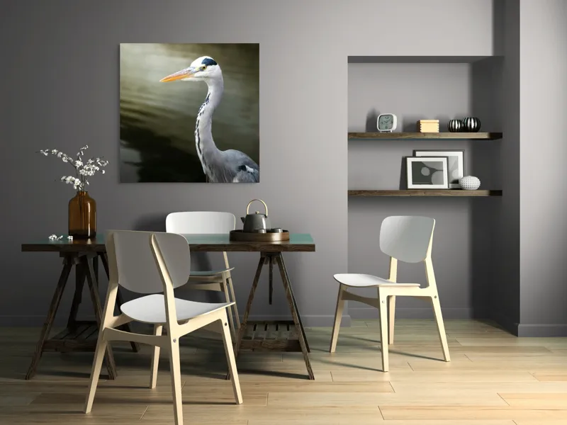 Tablou Canvas, "Egreta privind spre zare liniștită", Pasăre, Grațioasă, Plisc, Lung, Pene, Gri, Apă, Calmă, Elegantă., 100 x 100 cm – poza 6