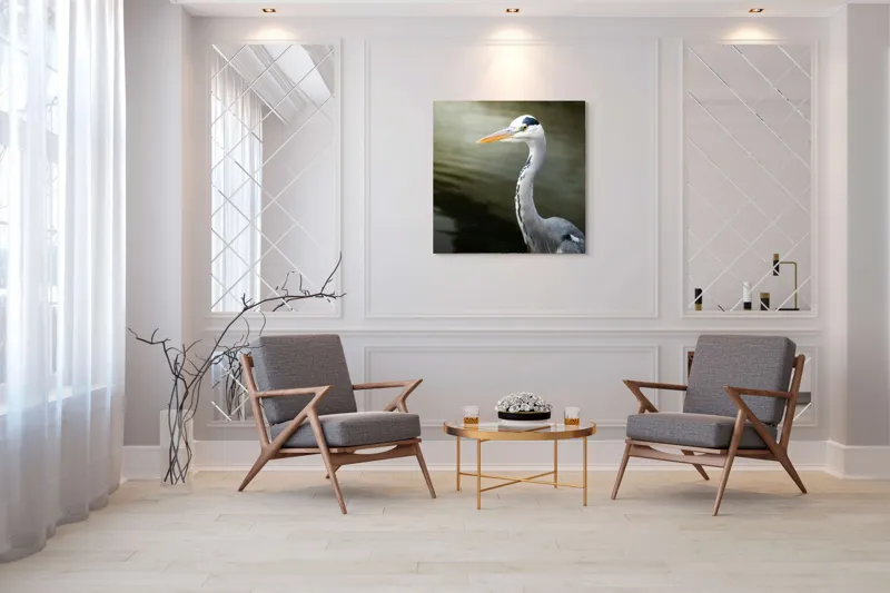 Tablou Canvas, "Egreta privind spre zare liniștită", Pasăre, Grațioasă, Plisc, Lung, Pene, Gri, Apă, Calmă, Elegantă., 100 x 100 cm – poza 7