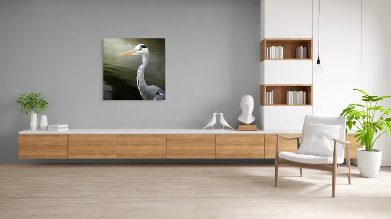 Tablou Canvas, "Egreta privind spre zare liniștită", Pasăre, Grațioasă, Plisc, Lung, Pene, Gri, Apă, Calmă, Elegantă., 100 x 100 cm – poza 8
