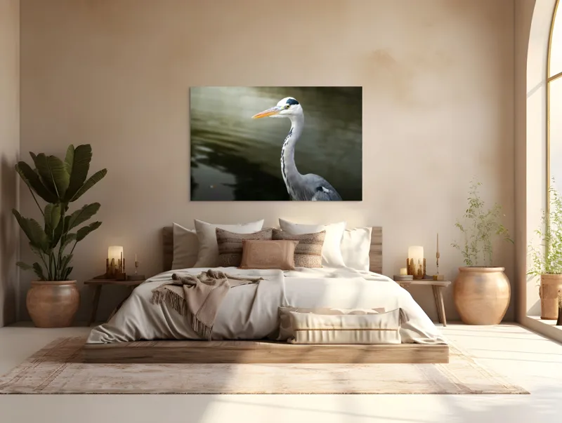 Tablou Canvas, "Egreta privind spre zare liniștită", Pasăre, Grațioasă, Plisc, Lung, Pene, Gri, Apă, Calmă, Elegantă., 150 x 100 cm – poza 4