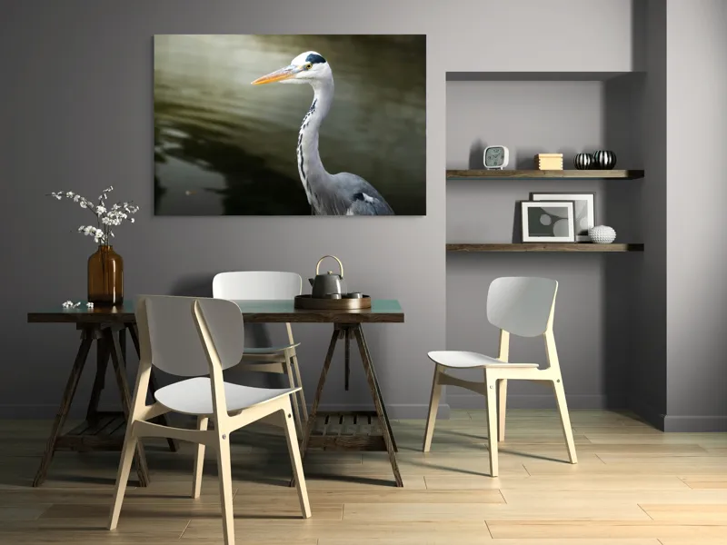 Tablou Canvas, "Egreta privind spre zare liniștită", Pasăre, Grațioasă, Plisc, Lung, Pene, Gri, Apă, Calmă, Elegantă., 150 x 100 cm – poza 5