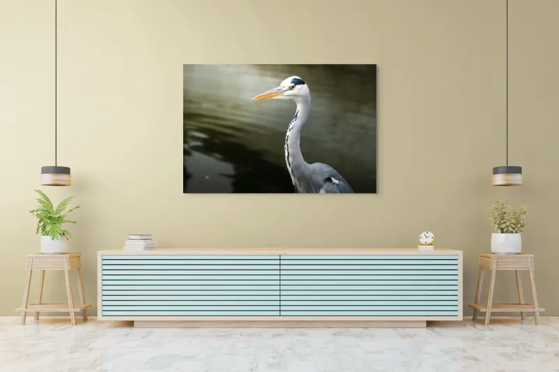 Tablou Canvas, "Egreta privind spre zare liniștită", Pasăre, Grațioasă, Plisc, Lung, Pene, Gri, Apă, Calmă, Elegantă., 150 x 100 cm – poza 6