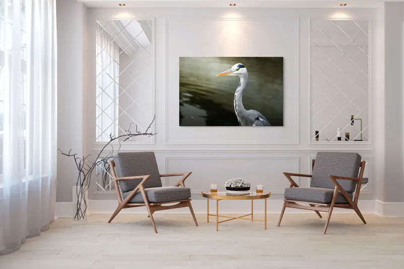Tablou Canvas, "Egreta privind spre zare liniștită", Pasăre, Grațioasă, Plisc, Lung, Pene, Gri, Apă, Calmă, Elegantă., 150 x 100 cm – poza 7