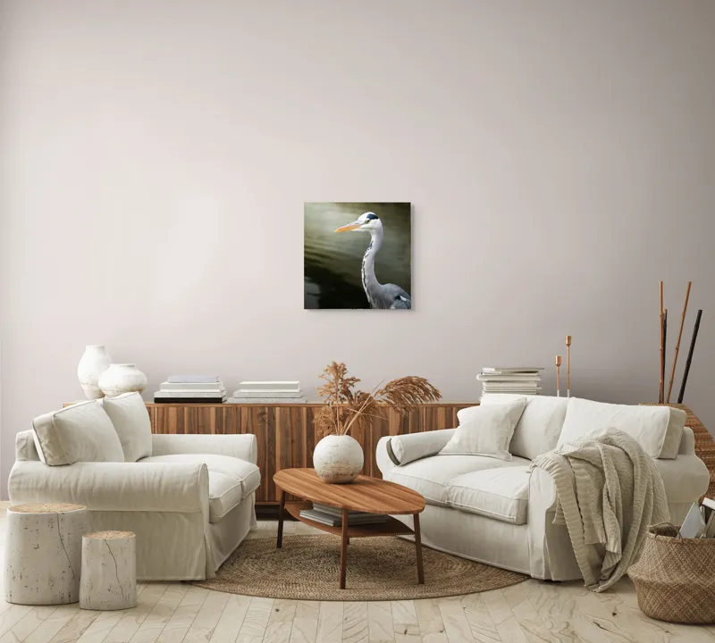 Tablou Canvas, "Egreta privind spre zare liniștită", Pasăre, Grațioasă, Plisc, Lung, Pene, Gri, Apă, Calmă, Elegantă., 50 x 50 cm – poza 7
