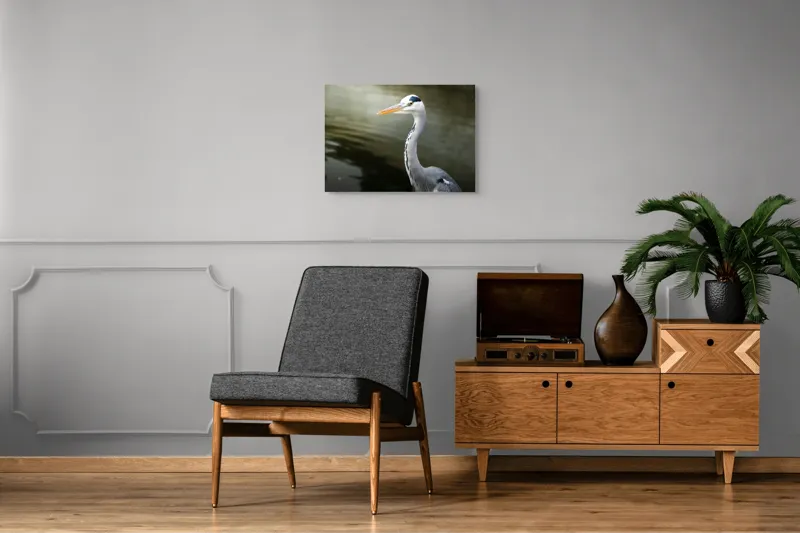 Tablou Canvas, "Egreta privind spre zare liniștită", Pasăre, Grațioasă, Plisc, Lung, Pene, Gri, Apă, Calmă, Elegantă., 70 x 50 cm – poza 4