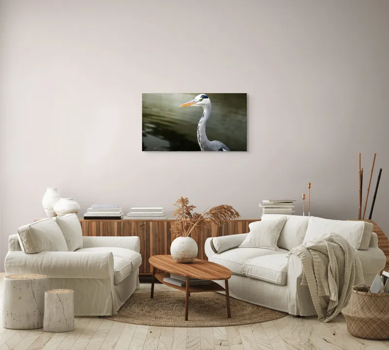 Tablou Canvas, "Egreta privind spre zare liniștită", Pasăre, Grațioasă, Plisc, Lung, Pene, Gri, Apă, Calmă, Elegantă., 90 x 50 cm – poza 4