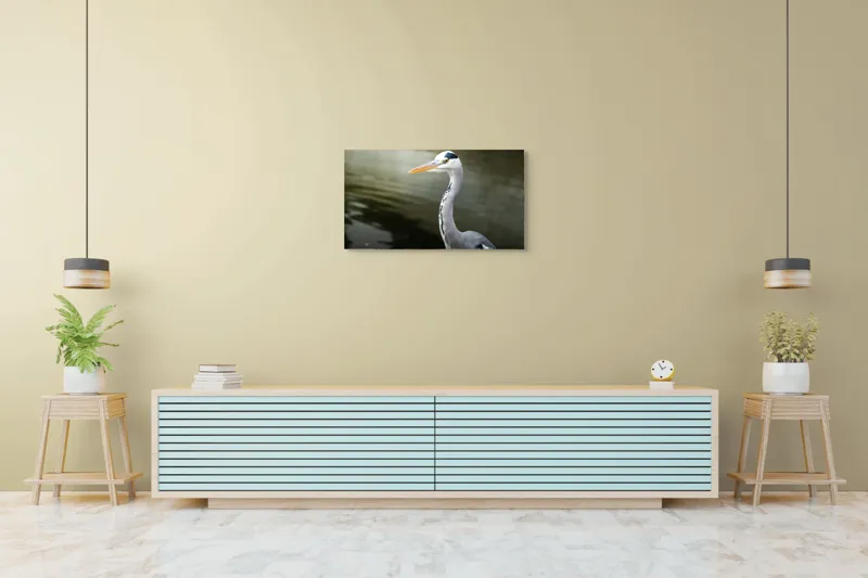 Tablou Canvas, "Egreta privind spre zare liniștită", Pasăre, Grațioasă, Plisc, Lung, Pene, Gri, Apă, Calmă, Elegantă., 90 x 50 cm – poza 5
