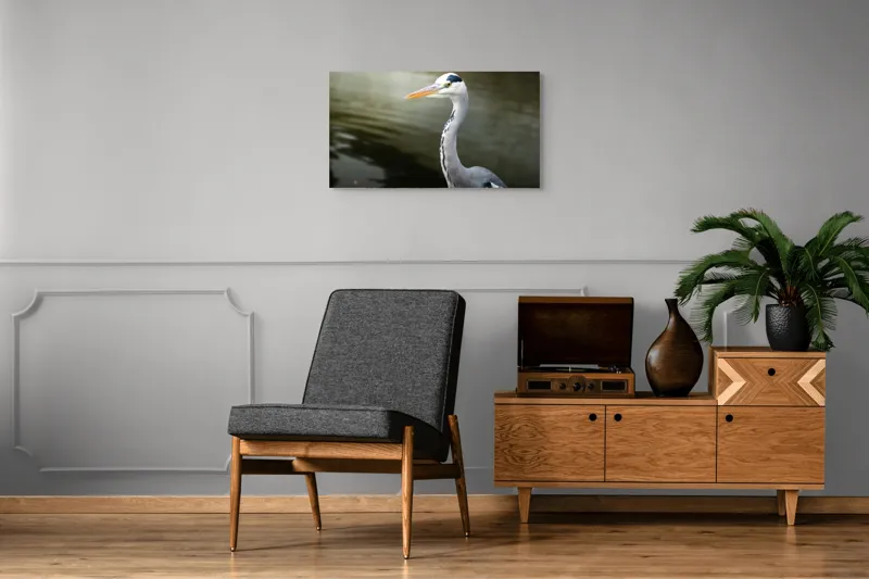 Tablou Canvas, "Egreta privind spre zare liniștită", Pasăre, Grațioasă, Plisc, Lung, Pene, Gri, Apă, Calmă, Elegantă., 90 x 50 cm – poza 6