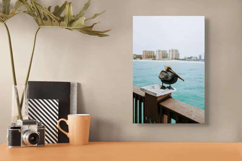 Tablou Canvas, "Pelican așezat pe balustradă la ocean", Pelican, Mare, Balustradă, Clădiri, Cer, Nori, Plajă, Apă, Oraș, Vedere., 26 x 39 cm – poza 3