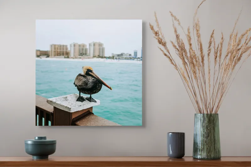 Tablou Canvas, "Pelican așezat pe balustradă la ocean", Pelican, Mare, Balustradă, Clădiri, Cer, Nori, Plajă, Apă, Oraș, Vedere., 50 x 50 cm – poza 4