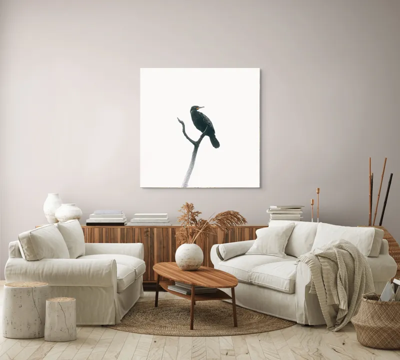 Tablou Canvas, "Pasăre singuratică pe creanga înaltă", Pasăre, Ramură, Cer, Siluetă, Minimalism, Natură, Liniște, Contrast, Puritate, Eleganță, 100 x 100 cm – poza 3