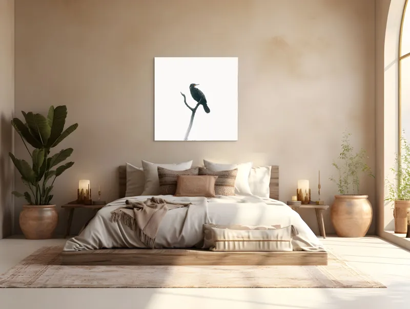 Tablou Canvas, "Pasăre singuratică pe creanga înaltă", Pasăre, Ramură, Cer, Siluetă, Minimalism, Natură, Liniște, Contrast, Puritate, Eleganță, 100 x 100 cm – poza 4