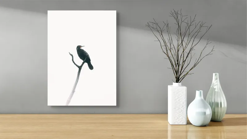 Tablou Canvas, "Pasăre singuratică pe creanga înaltă", Pasăre, Ramură, Cer, Siluetă, Minimalism, Natură, Liniște, Contrast, Puritate, Eleganță, 39 x 54 cm – poza 4
