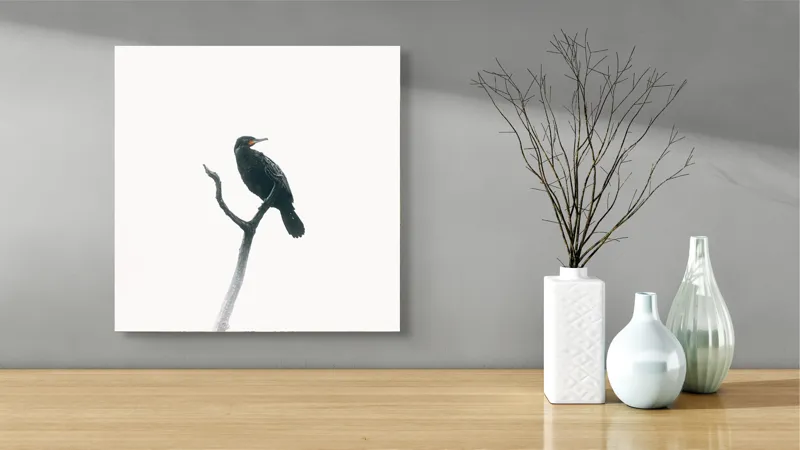 Tablou Canvas, "Pasăre singuratică pe creanga înaltă", Pasăre, Ramură, Cer, Siluetă, Minimalism, Natură, Liniște, Contrast, Puritate, Eleganță, 50 x 50 cm – poza 3