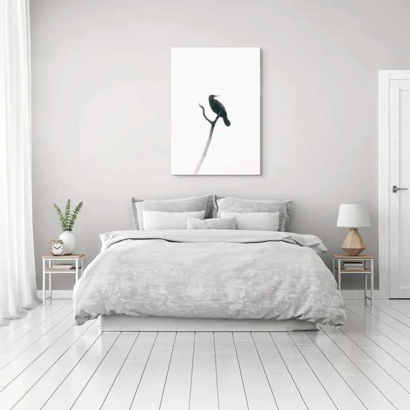 Tablou Canvas, "Pasăre singuratică pe creanga înaltă", Pasăre, Ramură, Cer, Siluetă, Minimalism, Natură, Liniște, Contrast, Puritate, Eleganță, 70 x 100 cm – poza 3
