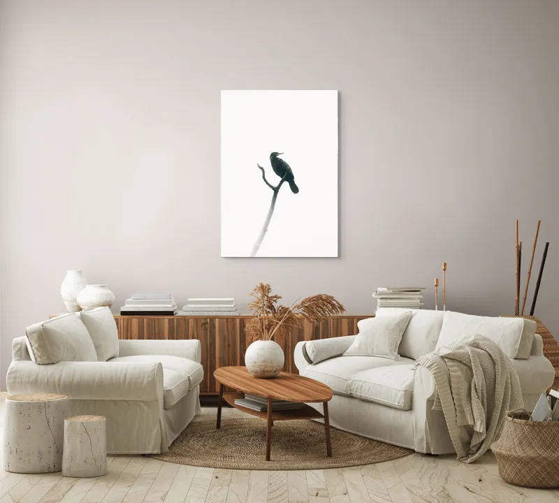 Tablou Canvas, "Pasăre singuratică pe creanga înaltă", Pasăre, Ramură, Cer, Siluetă, Minimalism, Natură, Liniște, Contrast, Puritate, Eleganță, 70 x 100 cm – poza 4