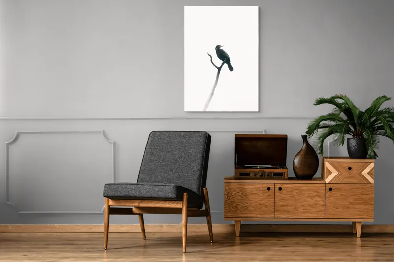 Tablou Canvas, "Pasăre singuratică pe creanga înaltă", Pasăre, Ramură, Cer, Siluetă, Minimalism, Natură, Liniște, Contrast, Puritate, Eleganță, 70 x 100 cm – poza 6