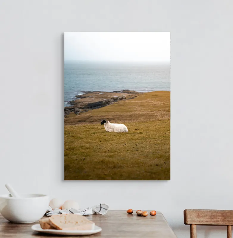 Tablou Canvas, "Oaia singuratică pe dealul vântos", Oaie, Pajiște, Mare, Cer, Stânci, Solitudine, Vânt, Natură, Peisaj, Coastă, 50 x 70 cm – poza 3