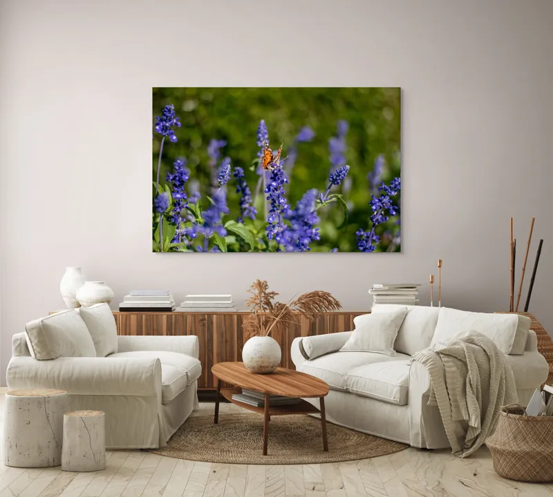 Tablou Canvas, "Fluture pe flori de lavandă", Fluturi, Lavandă, Verdeață, Primăvară, Natură., 150 x 100 cm – poza 3