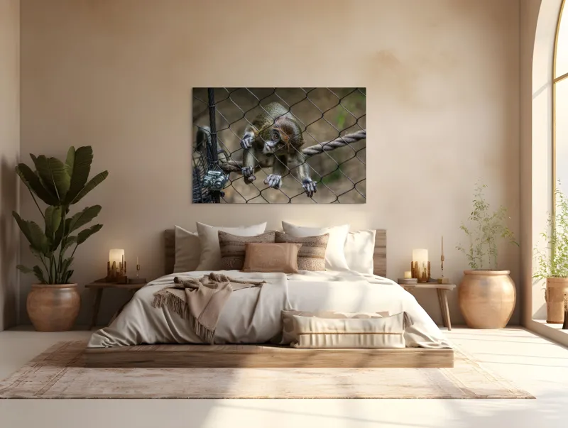 Tablou Canvas, "Maimuța curioasă prin gardul de sârmă", Maimuță, Gard, Frânghie, Ochi, Blană, Degete, Curiozitate, 150 x 100 cm – poza 4