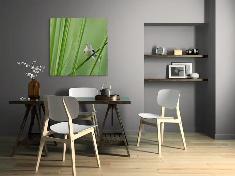 Tablou Canvas, "Pasărea între fire de iarbă", Pasăre, Frunze, Verde, Natură, Delicatețe, Echilibru, Plante, Liniște, 100 x 100 cm – poza 6