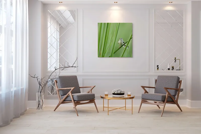 Tablou Canvas, "Pasărea între fire de iarbă", Pasăre, Frunze, Verde, Natură, Delicatețe, Echilibru, Plante, Liniște, 100 x 100 cm – poza 7