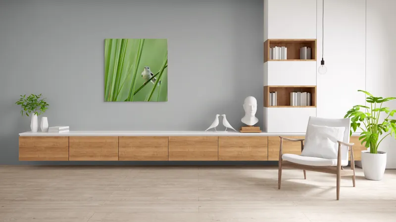 Tablou Canvas, "Pasărea între fire de iarbă", Pasăre, Frunze, Verde, Natură, Delicatețe, Echilibru, Plante, Liniște, 100 x 100 cm – poza 8