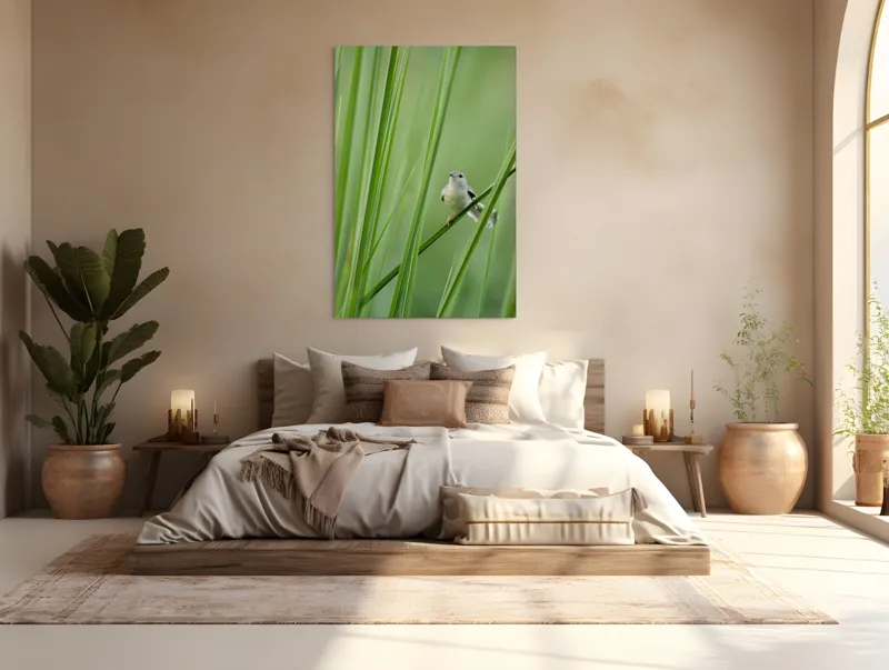 Tablou Canvas, "Pasărea între fire de iarbă", Pasăre, Frunze, Verde, Natură, Delicatețe, Echilibru, Plante, Liniște, 100 x 150 cm – poza 3