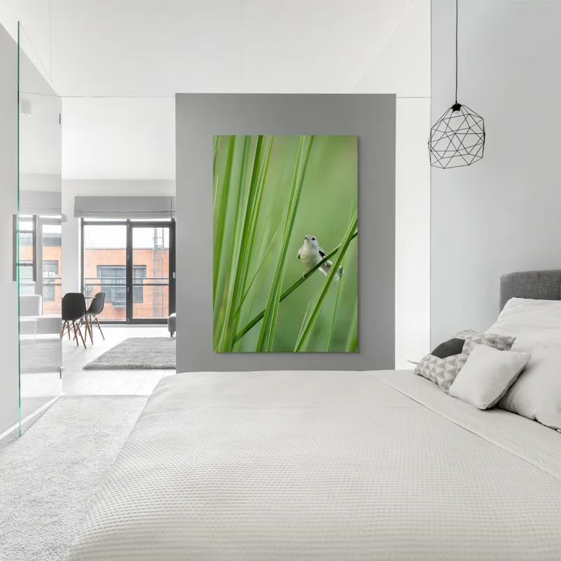 Tablou Canvas, "Pasărea între fire de iarbă", Pasăre, Frunze, Verde, Natură, Delicatețe, Echilibru, Plante, Liniște, 100 x 150 cm – poza 5