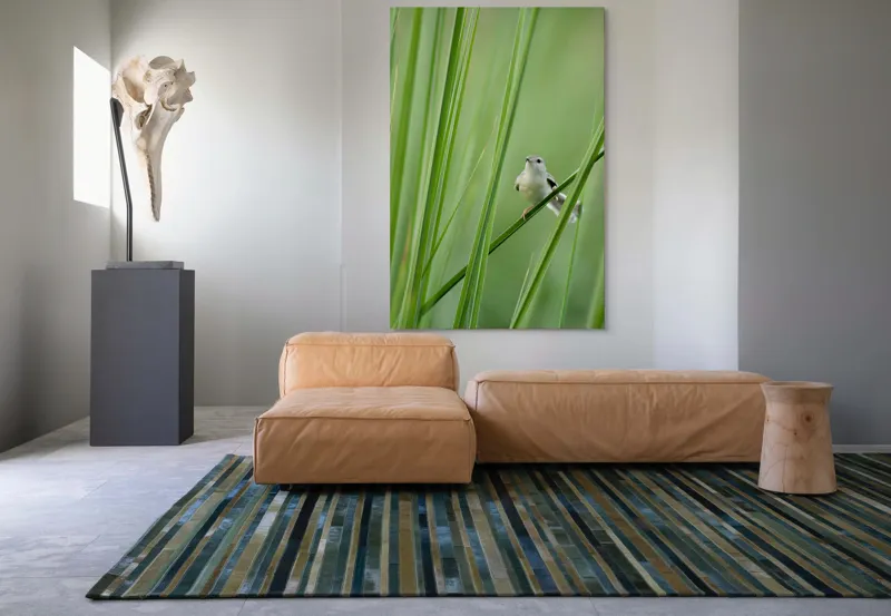 Tablou Canvas, "Pasărea între fire de iarbă", Pasăre, Frunze, Verde, Natură, Delicatețe, Echilibru, Plante, Liniște, 100 x 150 cm – poza 7
