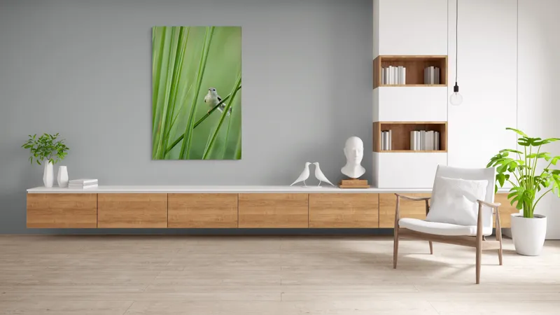 Tablou Canvas, "Pasărea între fire de iarbă", Pasăre, Frunze, Verde, Natură, Delicatețe, Echilibru, Plante, Liniște, 100 x 150 cm – poza 8