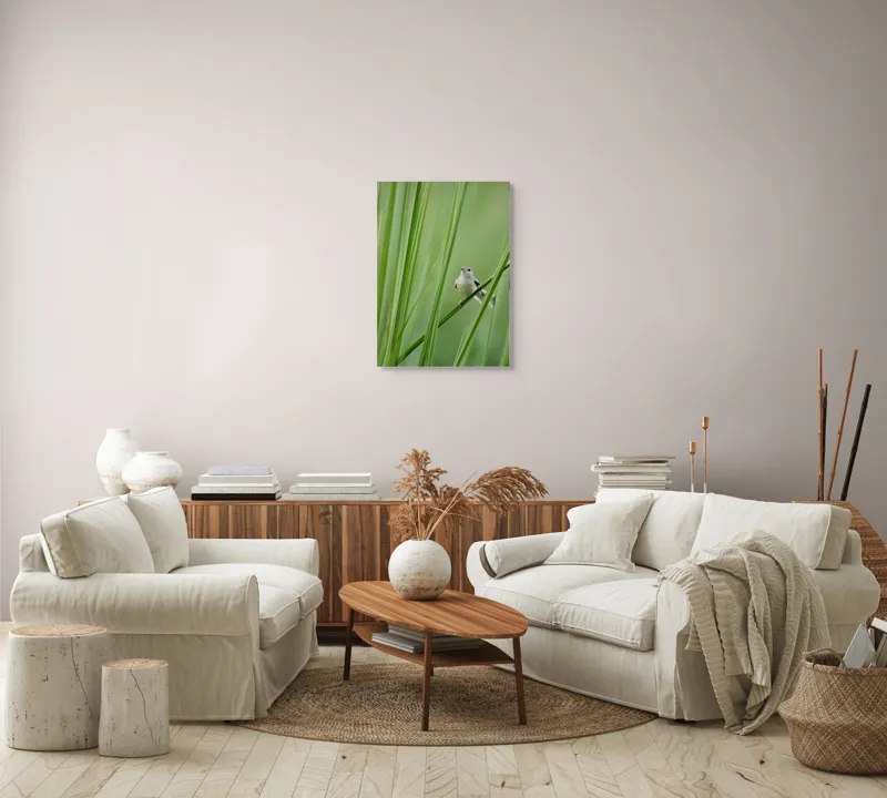 Tablou Canvas, "Pasărea între fire de iarbă", Pasăre, Frunze, Verde, Natură, Delicatețe, Echilibru, Plante, Liniște, 50 x 70 cm – poza 4