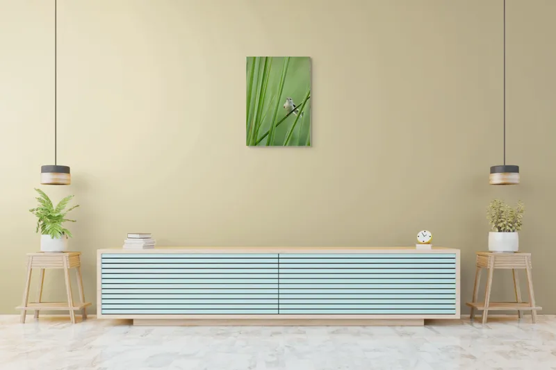 Tablou Canvas, "Pasărea între fire de iarbă", Pasăre, Frunze, Verde, Natură, Delicatețe, Echilibru, Plante, Liniște, 50 x 70 cm – poza 6