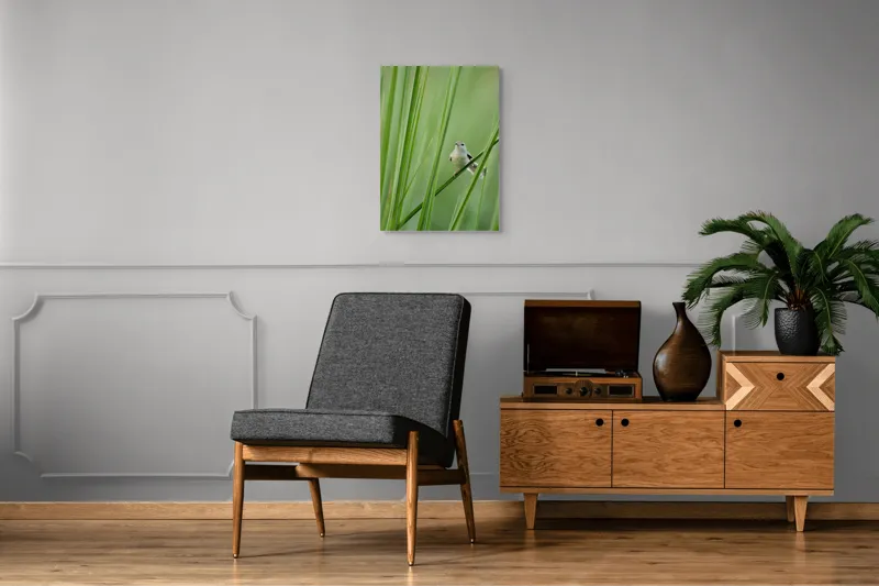 Tablou Canvas, "Pasărea între fire de iarbă", Pasăre, Frunze, Verde, Natură, Delicatețe, Echilibru, Plante, Liniște, 50 x 70 cm – poza 8