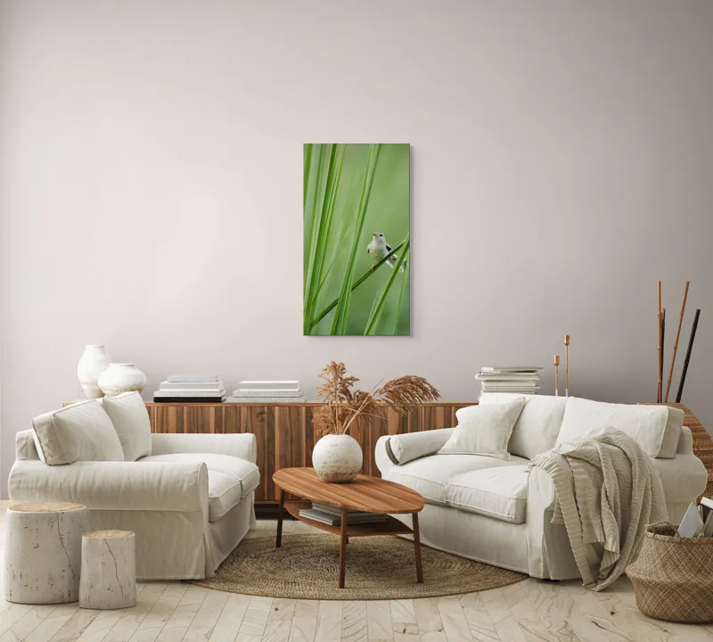 Tablou Canvas, "Pasărea între fire de iarbă", Pasăre, Frunze, Verde, Natură, Delicatețe, Echilibru, Plante, Liniște, 50 x 90 cm – poza 7