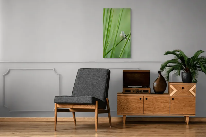 Tablou Canvas, "Pasărea între fire de iarbă", Pasăre, Frunze, Verde, Natură, Delicatețe, Echilibru, Plante, Liniște, 50 x 90 cm – poza 8