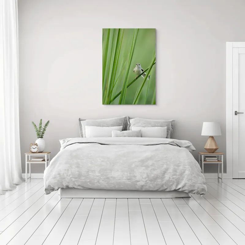 Tablou Canvas, "Pasărea între fire de iarbă", Pasăre, Frunze, Verde, Natură, Delicatețe, Echilibru, Plante, Liniște, 70 x 100 cm – poza 3
