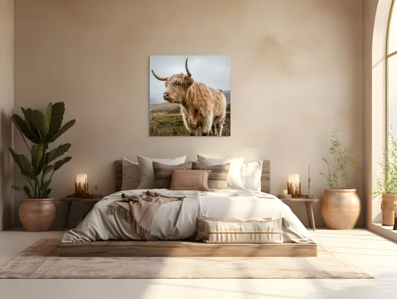 Tablou Canvas, "Boul pășește în peisajul nordic", Păr, Coarne, Plante, Nori, Peisaj, Cer, Verde, Animal, 100 x 100 cm – poza 4